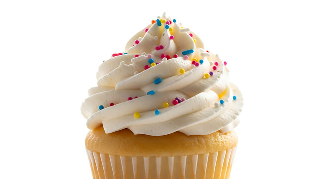 A close up view of a cupcake with white frosting and colorful sprinkles on a white background