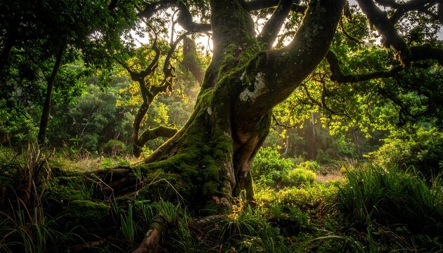 Large mossy tree trunk in lush, sunlit green forest
