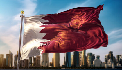 Naklejka premium Qatar's vibrant flag waving proudly against a modern city skyline, symbolizing national pride and global influence in a dynamic, contemporary setting