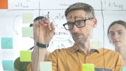 Business colleagues brainstorming, writing strategy notes on glass board, collaborating with colorful sticky notes in creative workplace meeting