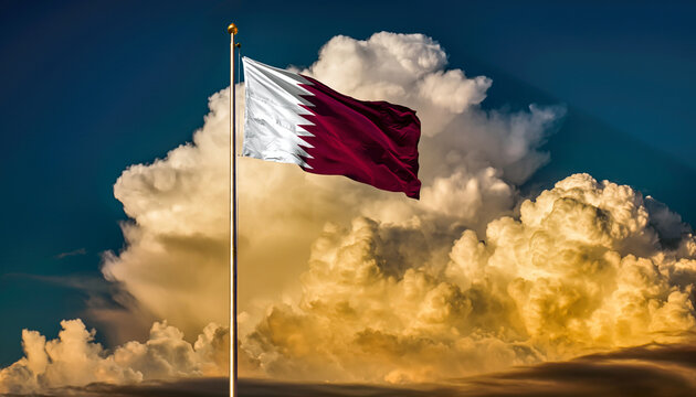 Majestic Qatar national flag waving proudly against dramatic sunset clouds for travel, patriotism, and international relations visual storytelling - Powered by Adobe