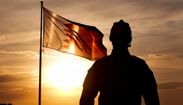 Powerful silhouette of a soldier standing proud by the national flag during a vibrant sunset, symbolizing strength, patriotism, and hope for a brighter future