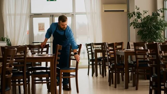 A person arranging chairs in a well-lit dining area. The person is dressed in an apron, busily preparing the space. Chairs and tables are arranged to accommodate guests Stock Video