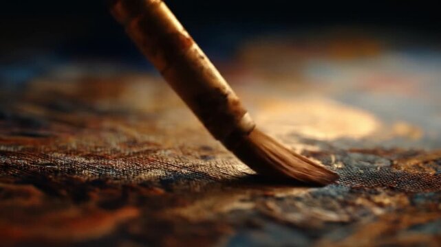 Closeup of a paintbrush tip sweeping glistening brown paint over a textured surface with a blueblur
