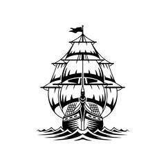 Silhouette of a vintage tall sailing ship galleon on ocean waves front view vector illustration for travel adventure and history. © ZamStock