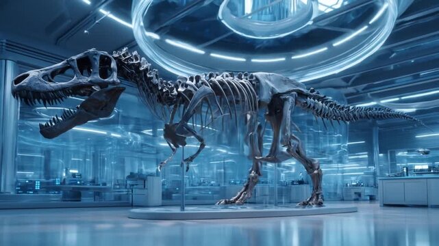 Fossilized dinosaur skeleton displayed in a blue-lit, futuristic lab with glass cases and rings
