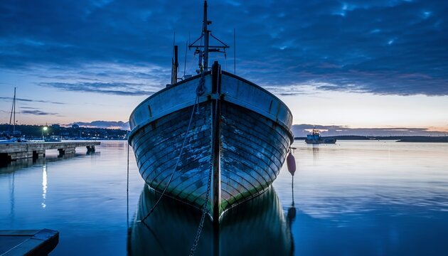 Large Wooden Boat Docked at Calm Harbor During Sunset with Cloudy Sky - Powered by Adobe