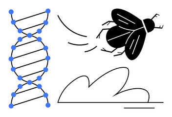 DNA strand alongside a fly in motion near simple shapes, representing genetics, biology, research, evolution, nature, science, reproduction and gene editing. Ideal for education research