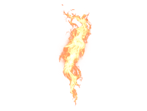 Vibrant vertical fire flame with sparkling particles on transparent background