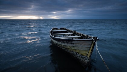 Fototapeta premium Old Wooden Boat Floating on Calm Ocean Under Dark Cloudy Sky During Sunset