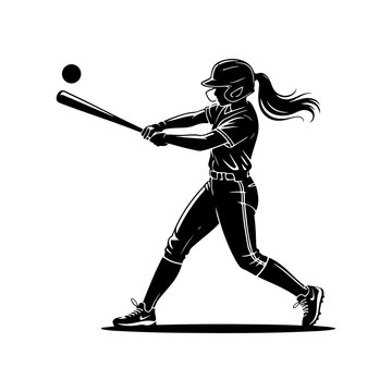 Silhouette of a female softball player batter swinging bat at ball vector illustration.