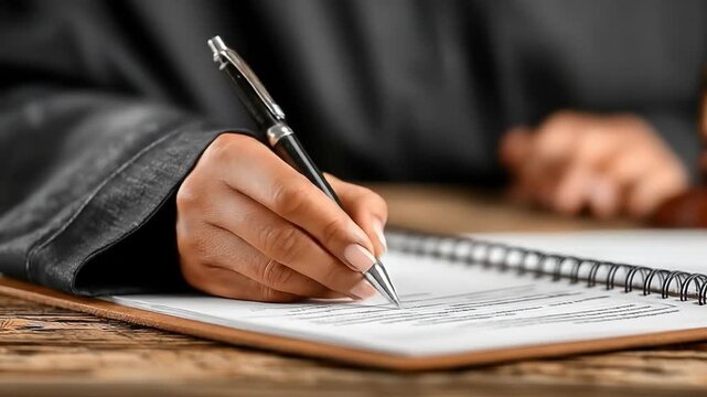 Close up of a hand writing with pen on paper workspace with legal theme