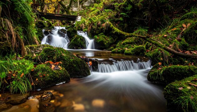 Serene cascading waterfall scene in lush green forest