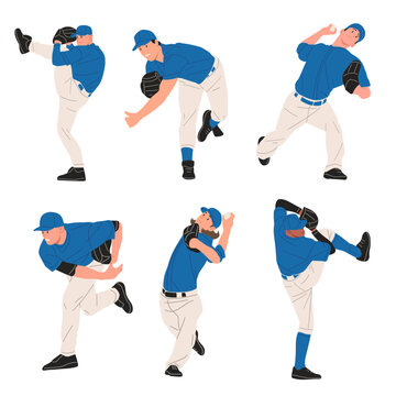 Set of baseball pitchers in blue uniforms throwing ball in different pitching poses, professional athletes in action, flat vector illustration on white background