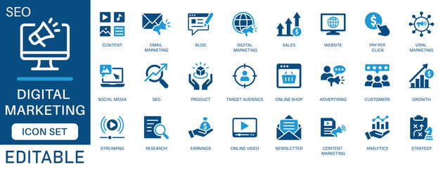 Digital marketing icon set. featuring seo, blog, content, website, strategy, social media, sales, online advertising, Growth, Audience, Customers, and more. perfect for vector icon collection.
