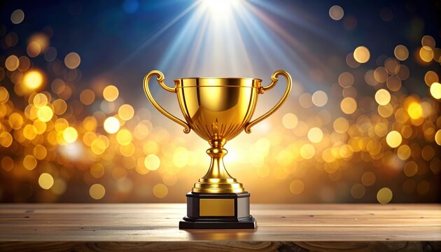 Golden Trophy of Triumph: Illuminated by a beam of light, a resplendent golden trophy rests upon a polished surface, the shimmering backdrop hints at the success and grandeur it signifies.