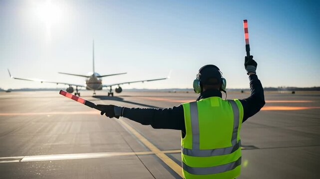 Ground Crew Guiding the Plane