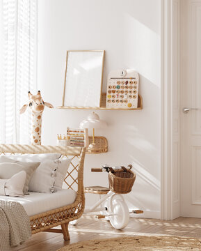 Poster frame mockup in beautiful nursery with natural wooden furniture, Scandi-Boho children room interior, 3d render