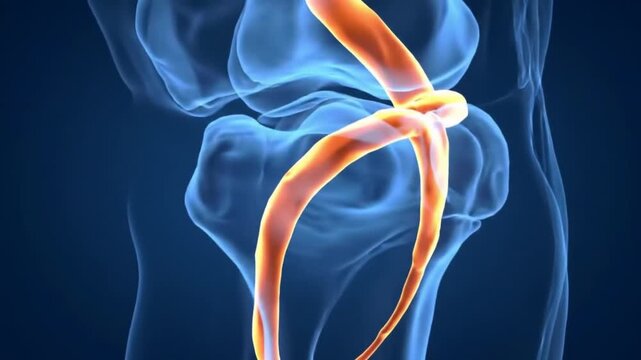 Animated Knee Joint with Orange Artery Visualization on Blue Background