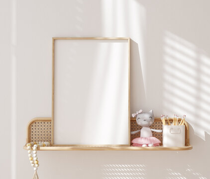 Poster frame mockup close up in Scandi-Boho children room interior, shelf with soft toy, pencils and beads, 3d render