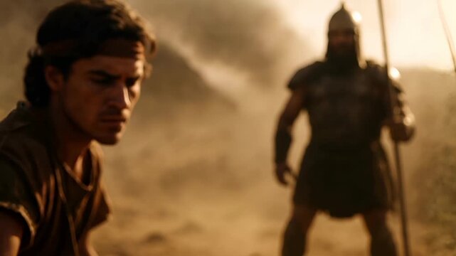 David on the Battlefield with Sling Raised as Goliath&rsquo;s Shadow Towers Over Him