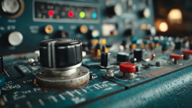 Close up of a mixing console with dials and buttons for audio control