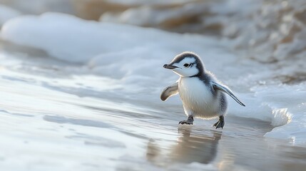 A cute penguin chick walking on a sandy beach near the ocean.