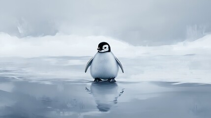 A solitary baby emperor penguin chick stands on a reflective icy surface in a vast, cold, minimalist arctic landscape.