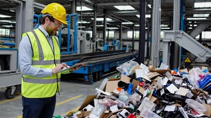 Worker inspects recycling process at waste management facility in a busy industrial area - Powered by Adobe