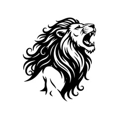 Silhouette of a roaring lion head tattoo or logo.