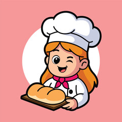 Adorable cartoon girl chef holding fresh baked bread, kawaii bakery illustration in cute pastel colors, perfect for cooking logo, restaurant mascot, and culinary education design.