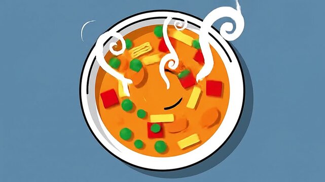 Top-down view of vector soup swirling in a bowl, steam rising, flat colors.
