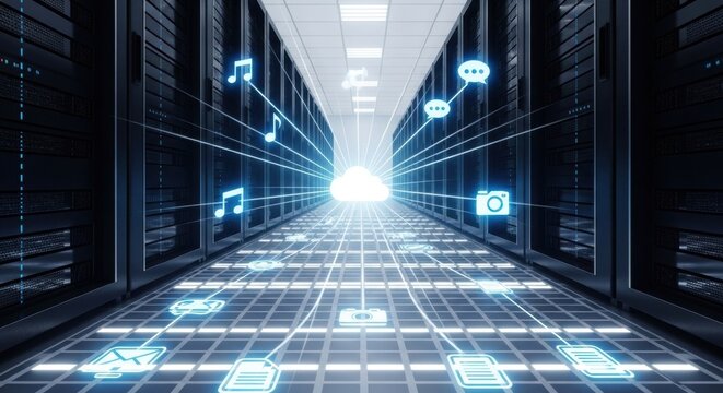 Data Center Cloud Connection: Server Racks with Digital Icons and Glowing Cloud