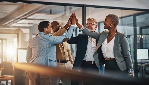 Diverse Business Team Celebrating High Five in Modern Office Space - Powered by Adobe