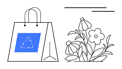 Reusable paper bag with a recycling logo alongside flowers and leaves. Ideal for sustainability, eco-living, recycling, environmental care, green lifestyle, waste reduction, simple flat metaphor