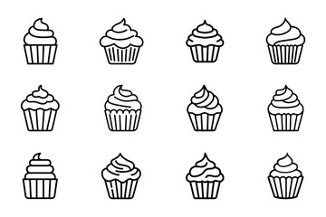 Cupcake icon set on transparent background. Symbol of dessert. Cup cake outline editable vector stock