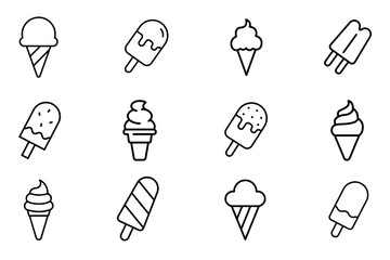 Ice creams icon set on transparent background. Symbol of ice cream, cone, ice cream stick. Ice creams outline editable vector stock