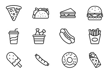 Fast food icon set on transparent background. Symbol of burger, tacos, sandwich, hot dog, donut, fried chicken, french fries, sausage, ice cream, soft drink.  Junk food outline editable vector stock