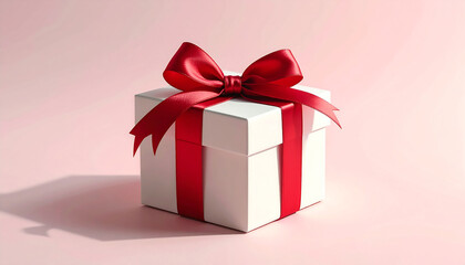 Obraz premium A white gift box with a red ribbon and bow, presented on a pink background.