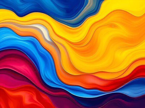 Dynamic Abstract Background with Thick Flowing Layers of Bright Yellow, Blue, Red, and Magenta Waves - Vibrant Modern Art Texture - Powered by Adobe