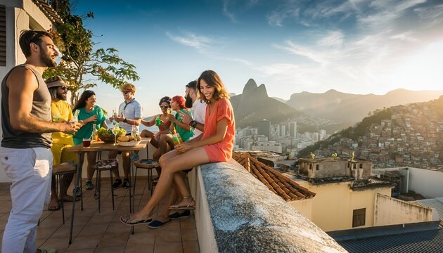 Group of Diverse Young Adults Enjoying Sunset Rooftop Gathering with Drinks and Food in Urban City - Powered by Adobe
