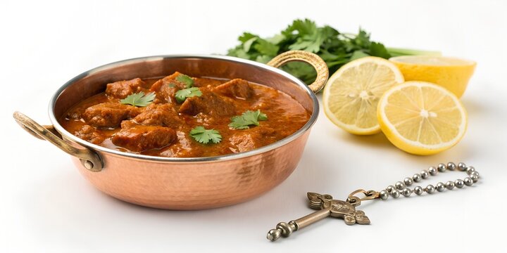 Goan pork vindaloo in a copper pot, slices of lemon