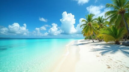 Fototapeta premium Idyllic tropical beach with white sand, turquoise water, and palm trees under blue sky