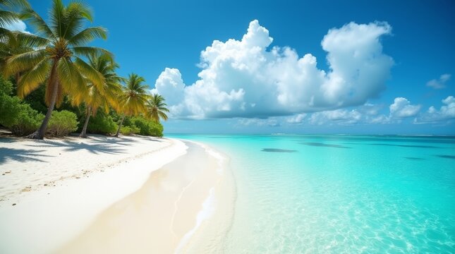 Idyllic tropical beach with turquoise water and palm trees under a blue sky