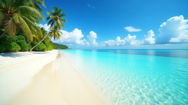 Idyllic tropical beach with white sand, turquoise water, and palm trees under blue sky - Powered by Adobe