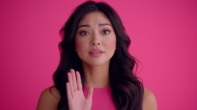 A woman with long hair is shown with her hand raised in the air. The image is pink in color and has a mood of surprise or disbelief