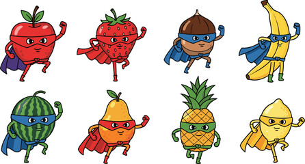 Cartoon fruit superheroes, apple, banana, watermelon, lemon, strawberry, pineapple, pear, chestnut, cape and mask, healthy food icons, flat vector art, isolated