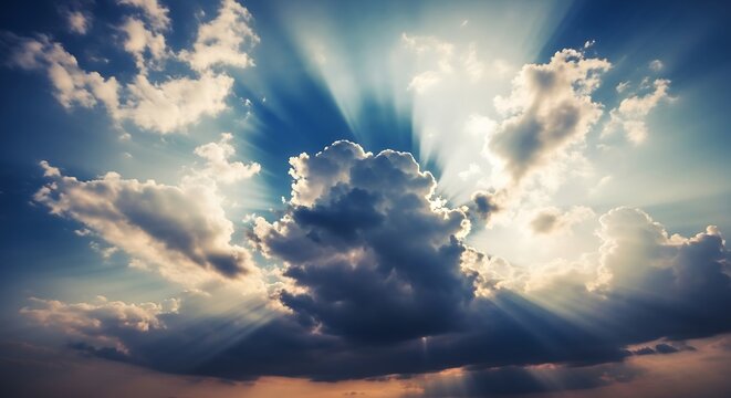 Dramatic sky with golden sun rays peeking through cumulus clouds