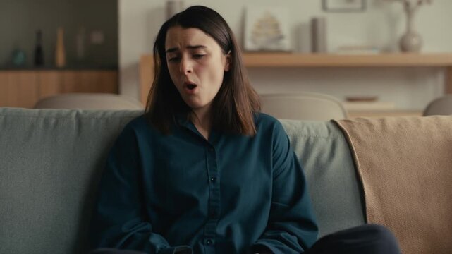 A woman looking shocked while sitting on the sofa Stock Video