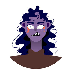 Expressive Pixel Art Portrait of a Purple Character with Wild Dark Hair and Intense Eyes Showing Teeth Against a White Background